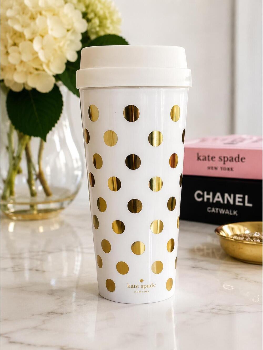 Kate Spade New York Gold Polka Dot Travel Tumbler Coffee Cup White Reusable Cup